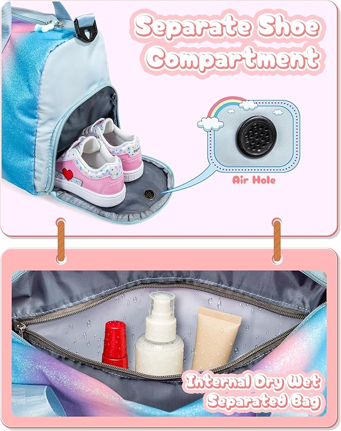 Birthday Gifts for Granddaughter-Girl Gym Bag with Shoe Compartment, Kid Personalized Weekender Overnight Bags, Initial Travel Tote with Makeup Pouch Valentine's Day Gift for Kids (Letter I)