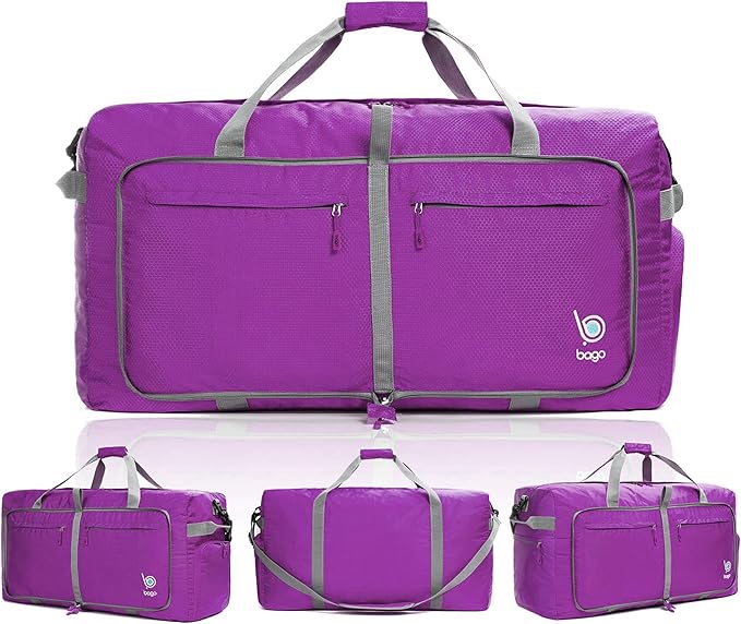 Bago Large Foldable Duffel Bags for Traveling Women & Men - 100L Packable Duffle Bag for Travel with Shoe Compartment - Water Repellant, Heavy Duty, Lightweight Folding & Collapsible (Purple)