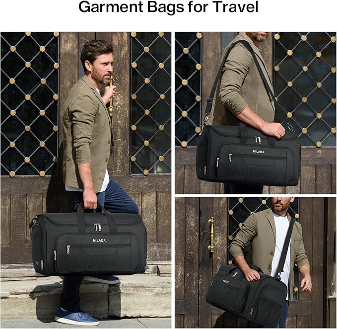 MILADA Convertible 2-in-1 Garment Duffel Weekender Bag Carry On Garment Bags for Travel Hanging Clothes Suit Bag Foldable Personal Item Business Overnight Bag with Shoe Compartment, Black