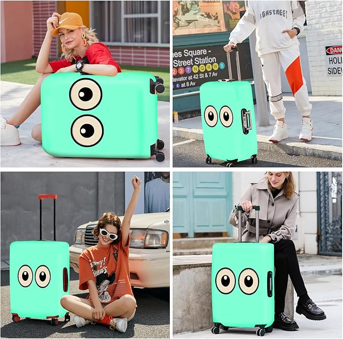 ANNA QUEEN Funny Cartoon Eyes Luggage Cover, Mint Suitcase Protector with Cute Big Eyes Design, Travel Suitcase Cover for 24-26 Inch Luggage, Stretchable & Washable Spandex Travel Accessories