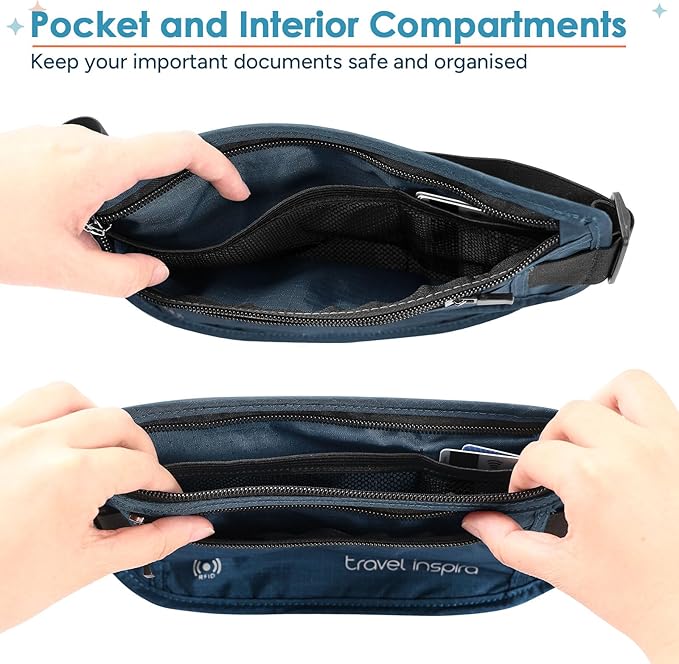 travel inspira Travel Money Belt with Slim Anti-Theft RFID Blocking Passport Holder for Travel Concealed under Clothes for Ultimate Protection of Credit Cards, Cash, Passport & Documents, Navy Blue