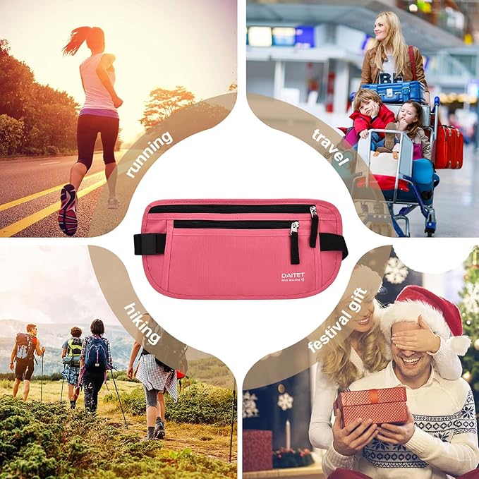 RFID Blocking Money Belt for Men Women, Slim Fanny Pack for Travel,Running,Conceal Waist Wallet for Passport Holder,Phone,Cash(Hot Pink)