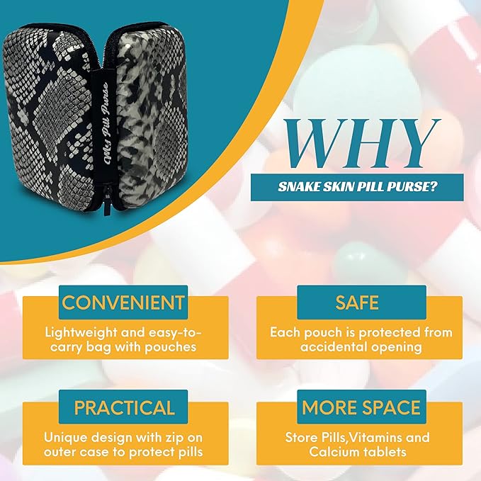 Am Pm Pill Organizer 7 Day Black/White Faux Snake Skin Medicine Storage Case Size 5.5 X 4 X 1.75 in. Med Wallet 14 Reusable Small Pill Baggies 3x4 in. Pill Pouches for Medicine, Days of The Week