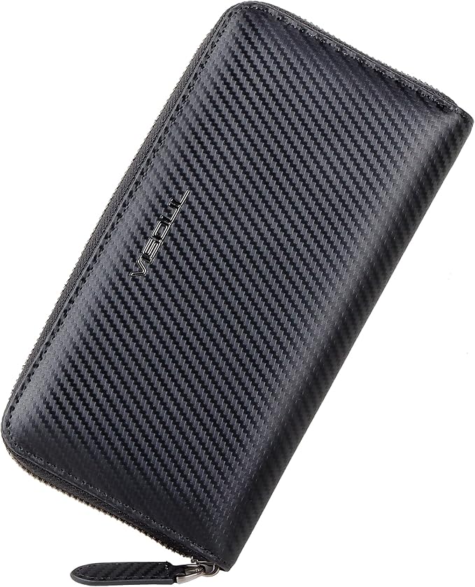 VISOUL Leather Long Zipper Pouch Wallet for Men and Women with RFID Blocking, Large Clutch Cash Long Wallet with Zipper (Carbon Fiber, Blue)