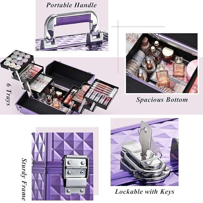 Frenessa Makeup Train Case 12 Inch Portable Cosmetic Case - 6 Tier Professional Makeup Storage Box Organiser Box Make Up Carrier with Lockable Keys Travel Case for Women and Girls - Purple