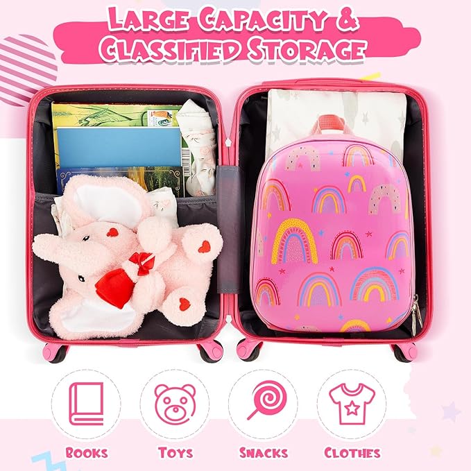 Sanwuta 4 Pcs Kids Luggage Set Backpack Travel Rolling Suitcase U-shape Pillow Christmas Children Gift for Girls Boys(20 Inch,Rainbow Style,Pink)