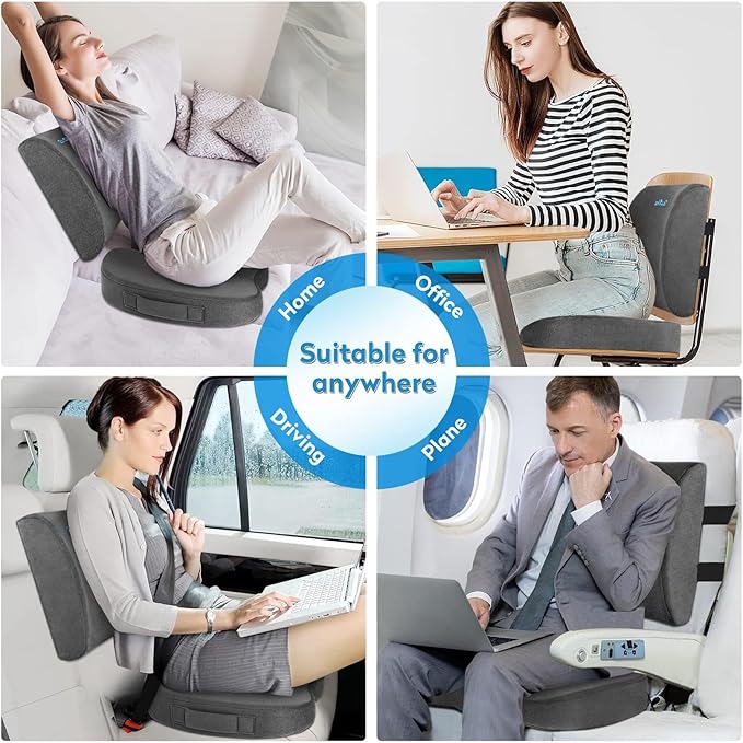 CloudBliss Seat Cushion,Office Chair Cushions,Car Seat Cushion,Lumbar Support Pillow for Office Chair,Back Support Memory Foam Pillow Coccyx Cushion for Tailbone Pain,Sciatica & Back Pain Relief -Grey