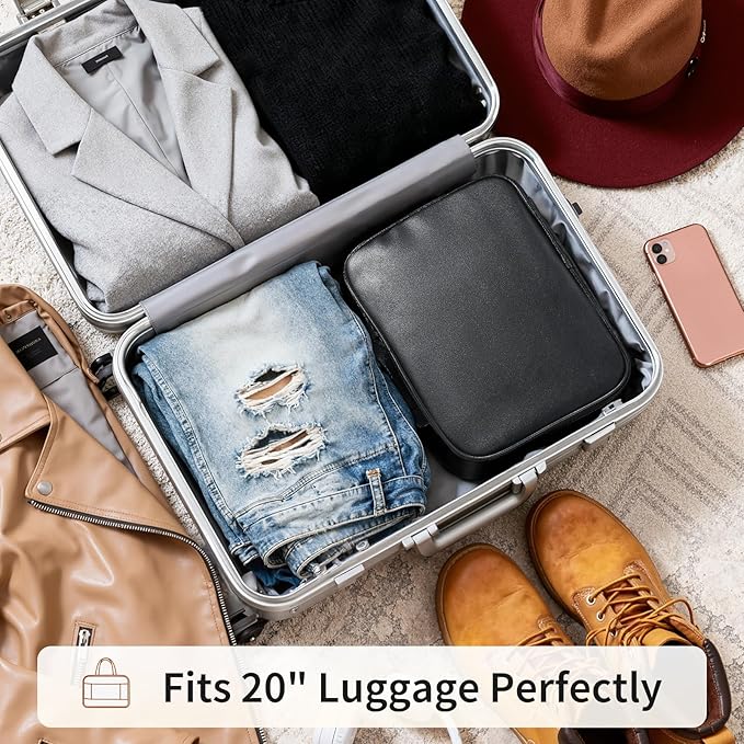 Large Travel Toiletry Bag with Makeup Brush Holder, 25 Pockets, Double Reinforced Handles & Luggage Sleeve, Waterproof PU Leather Cosmetic Organizer (Black)