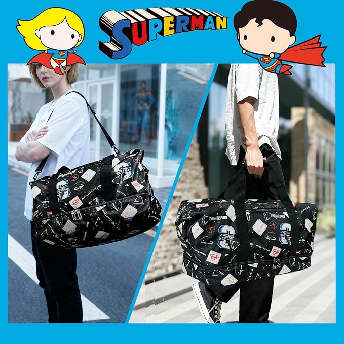 SUPERMAN Travel Duffel Bag with Krypton-Inspired Graphics, Durable Construction, Spacious Storage, Adjustable Shoulder Strap, and Multiple Carrying Options for Fans of Bold Designs