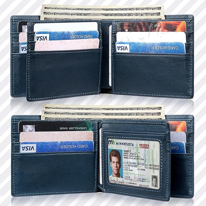Mens Wallet Bifold Genuine Leather RFID Blocking Wallet for Men with 1 ID Windows 13 Card Holders 2 cash pockets 1 Gift Box