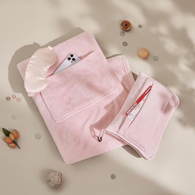Bedsure Travel Blanket Airplane Compact with Storage Bag, Packable Blanket with Eye Mask, Lightweight 2-in-1 Travel Essentials, Functioned as Pillow for Airplane Comfort and Warmth, Pink