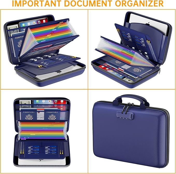 DocSafe Fireproof File Organizer with Lock, Hard-Shell Case Fireproof Document Box with 13 Pocket Accordion File Folder, Portable Home Office Travel Safe Storage for Important Documents Laptop Blue