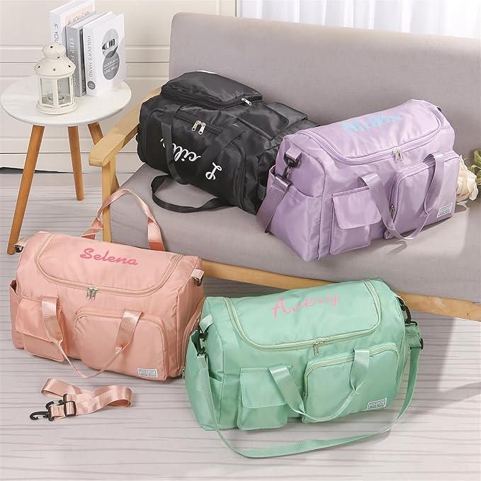 Personalized Duffel Bag Custom Sport Gym Travel Bags Embroidered Name Text Customized Dry Wet Separated Weekend Waterproof Bag for Women Men (B-Black)