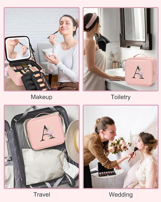Relavel Initial Makeup Bag with LED Mirror for Women Girls, Personalized Travel Cosmetic Organizer Train Case, Birthday Gifts for Grandkids Bridesmaid Graduation Teacher Friends, Trendy Stuff, Pink Z