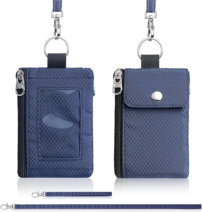 Minimalist Wallet For Mens Womens, Keychain RFID Blocking Zipper Small Wallet with ID Window 2 Lanyards,Water Resistant Travel Cash Card Coin Case Boys Girls