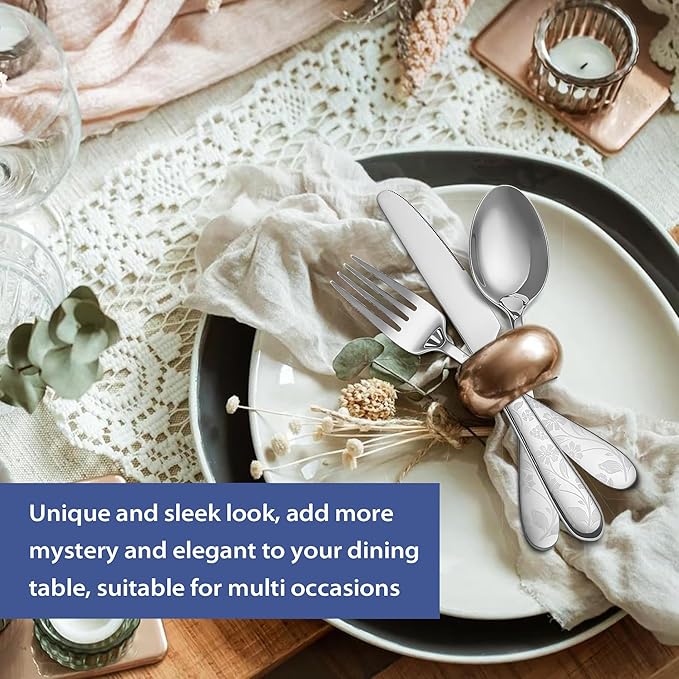 40 Piece Silverware Set Service for 8, EIUBUIE Premium Stainless Steel Cutlery Set, Mirror Polished Flatware Sets with Pattern Handle, Modern Kitchen Eating Utensils Sets Include Spoons Forks Knives