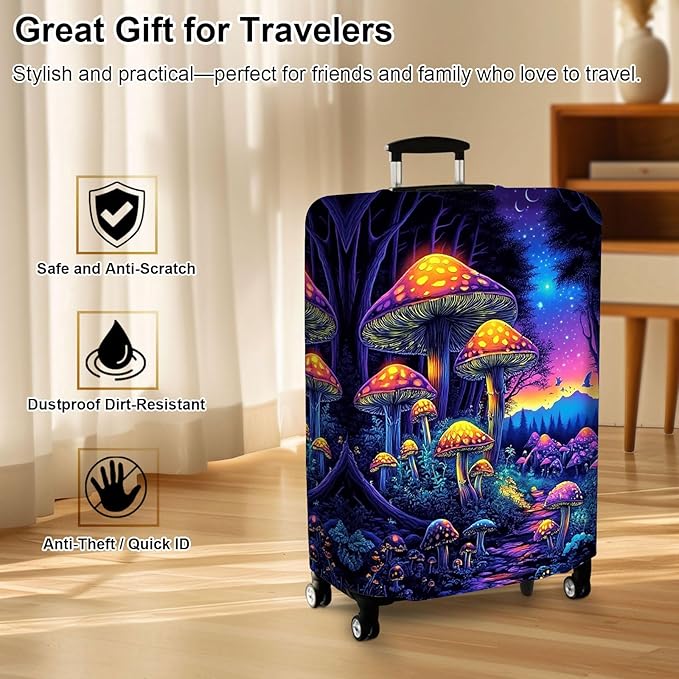 Luggage Cover Protector for 26-28 Inch Suitcases, TSA Approved Elastic Travel Suitcase Covers, Anti-Scratch Washable Luggage Sleeve for Carry On & Checked Bags, Mushroom Forest