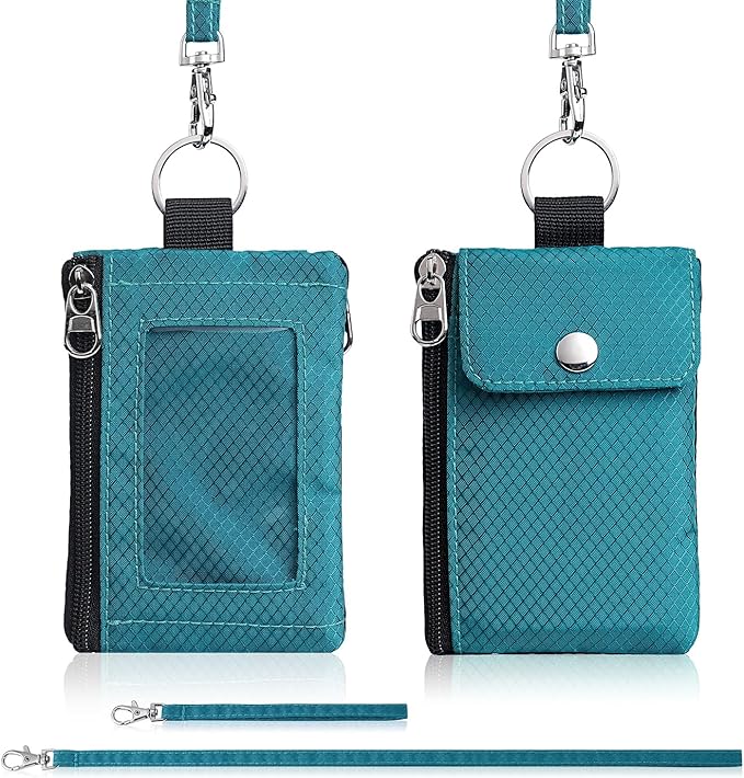 Minimalist Wallet For Mens Womens, Keychain RFID Blocking Zipper Small Wallet with ID Window 2 Lanyards,Water Resistant Travel Cash Card Coin Case Boys Girls