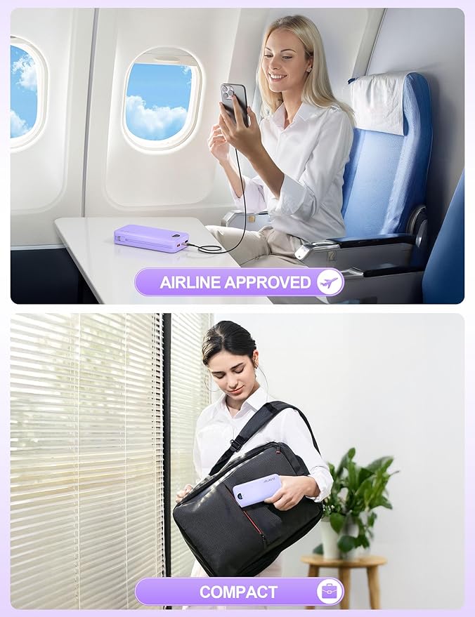 Portable Charger Power Bank, 20000mAh 22.5W USB C Fast Charging with Built-in Cables & Wall Plug, External Battery Pack with LED Display, Travel Essentials for iPhone, iPad, Samsung Purple