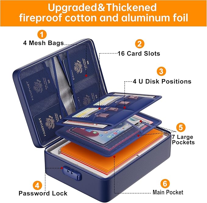 DocSafe 5200°F Document Organizer with Lock,Upgraded Heat Insulated Fireproof&Waterproof Box 8 Layers File Organizer,Portable Home Travel Safe Storage for Important Documents, Files,Blue (Soft)