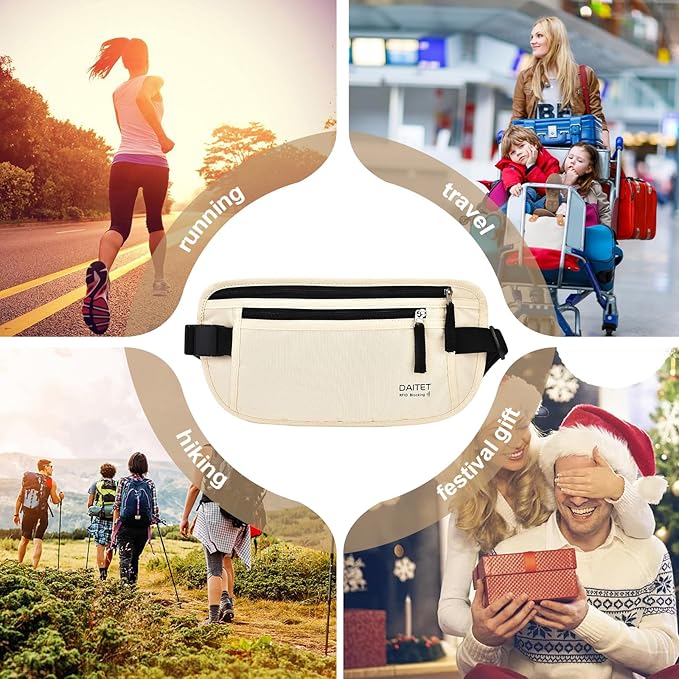 RFID Blocking Money Belt for Men Women, Slim Fanny Pack for Travel,Running,Conceal Waist Wallet for Passport Holder,Phone,Cash(Cream White)