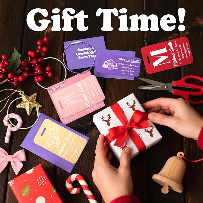 4 PCS Personalized Luggage Tags for Suitcase, Custom Engraved Aluminum Luggage Tags with Your Personalized Text Logo, Metal Name Tags with Steel Loop for Bag, Suitcase, Backpack (Purple, Small)