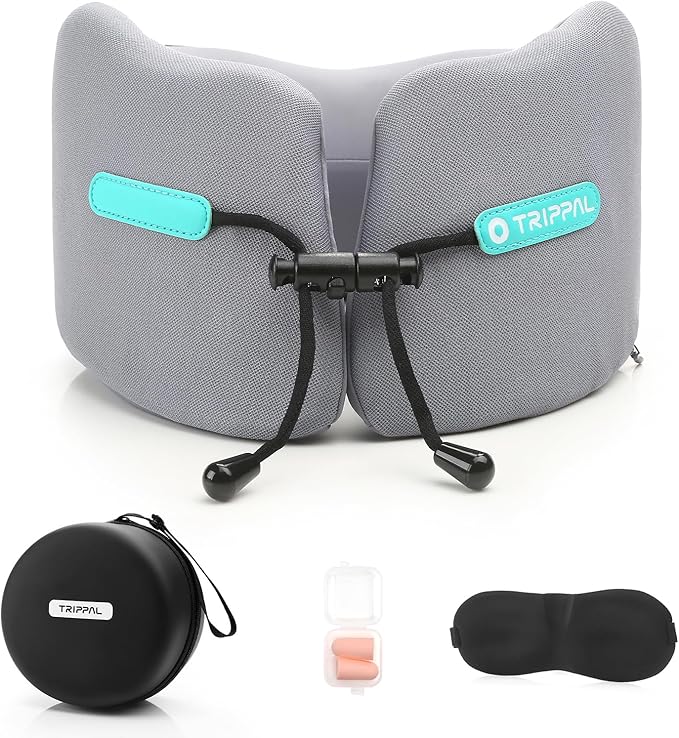 GOLDORANGE Travel Pillow Upgraded Airplane Neck Pillows Chin Support Adjustable Memory Foam Travel Essentials for Car Home Office Headrest Sleep with with Eye Masks Earplugs and Luxury Bag, Gray-Blue
