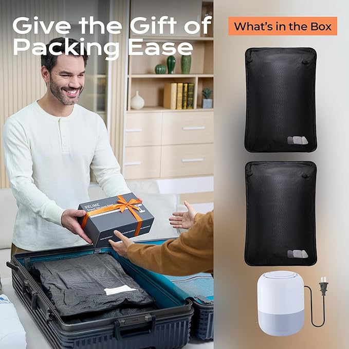 Essential Vacuum Bags for Travel Luggage with Electric Pump, Reusable Compression Bags for Checked Suitcases, Vacuum Seal Spacesaver for Cloth Packing(2Large+Pump)