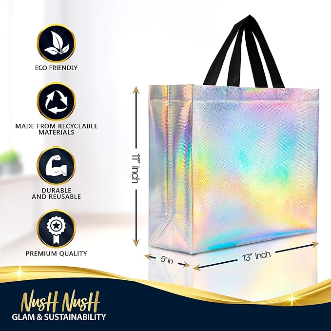 Nush Nush Set of 30 Large Iridescent Gift Bags in Bulk - Big Holographic Reusable Gift Bags With Black Handles - For Small Business, Gifting Events, Christmas, Birthdays - 13Wx5Dx11H Size