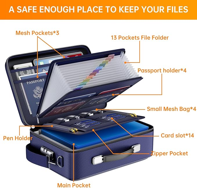 DocSafe Fireproof Document Box with Lock&Shoulder Strap,Hard Case File Organizer with Accordion File Folder,Multi-Layer Portable Home Office Travel Safe Storage for Important Documents Laptop Blue