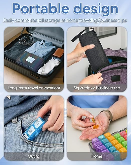Monthly Pill Organizer 3 Times a Day, FRIWOLE Medicine Box with Portable Weekly Pill Bag, Keychain Pill Case, Pill Cutter and 2 Sticker (Black, 3 Times a Day)
