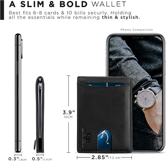 SERMAN BRANDS RFID Blocking Slim Bifold Genuine Leather Minimalist Front Pocket Wallets for Men with Money Clip Thin Mens