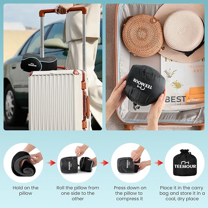 Upgraded Neck Pillow for Airplane Travel - 360ยฐ Support Stops Head Bobbing, Memory Foam Travel Pillow With Eye Mask & Earplugs, Portable Carry Bag for Long Flights/Car| Best Airplane Accessories Black