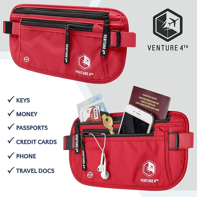 VENTURE 4TH Travel Money Belt - Slim Passport Holder RFID Blocking Travel Pouch to Protect Cash, Credit Cards and Travel Documents (Red)
