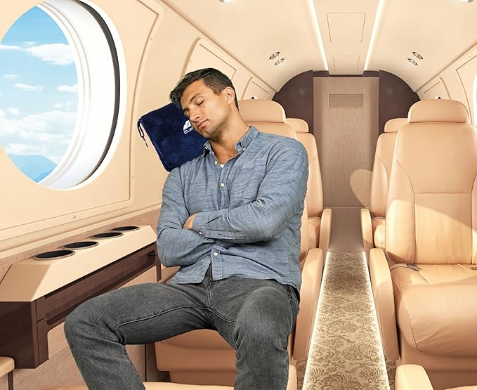 BlueHills Premium Soft Long Travel Blanket Pillow for Tall Airplane Flight Blanket Throw Luggage Belt & Backpack Clip Compact Packable Car Large 2 in 1 Combo Warm Gifts Navy Blue T051