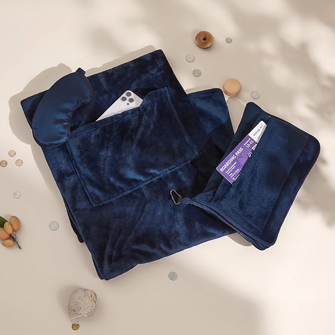 Bedsure Travel Blanket Airplane Compact with Storage Bag, Packable Blanket with Eye Mask, Lightweight 2-in-1 Travel Essentials, Functioned as Pillow for Airplane Comfort and Warmth, Navy