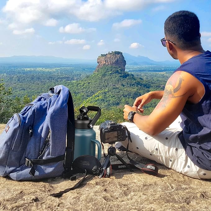 BJPKPK 87oz Insulated Water Bottle with Handle, Large Dishwasher Safe 2/3 Gallon Water Bottle, BPA Free Water Jug, Wide Mouth Metal Flasks with Anti-slip Bottom, Keep Cold & Hot,Navy Blue