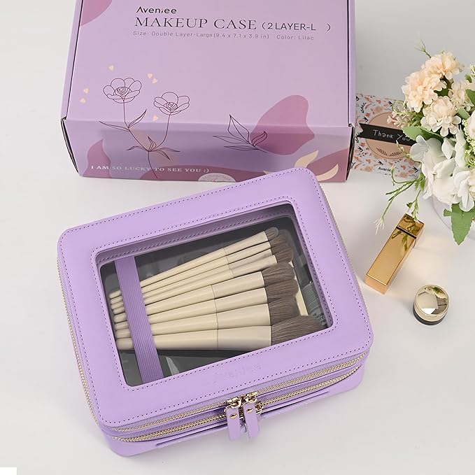 Aveniee Clear Makeup Bags, Double Layer Cosmetic Bags with a Separate Brush Compartment, Large Travel Toiletry Bag Train Case for Women, Travel Accessories Organizer.2 Layers Large, Lilac