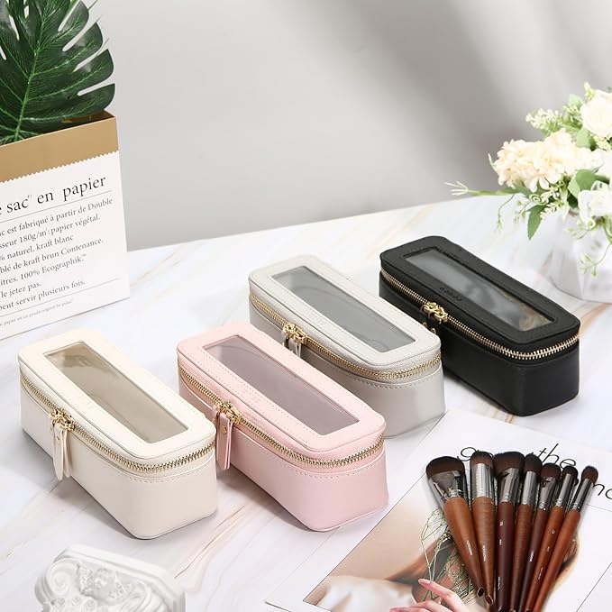 Aveniee Clear Makeup Brush Bag, Slim Cosmetic Brush Holder, small Toiletry Bag Mini Travel Case for Women, Thin Make up Bags with Dual Zipper, Cute Travel Essentials Organizer,Pink