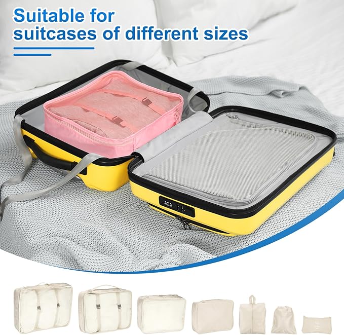 uxcell 7Set Travel Packing Cube, Travel Bags Organizer Luggage Organizer Bags Lightweight Compression Cube Travel Essentials with Shoe Bag for Outdoor Carry on Suitcases, Beige