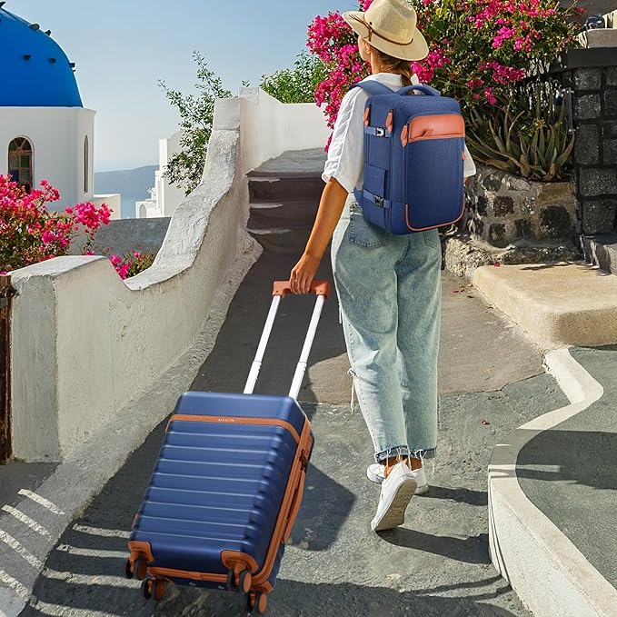 UKEIN Luggage Sets 3 Piece, PC Hardside Large Luggage 24 Inch With Spinner Wheels with TSA Lock, Carry On Suitcase Set With Travel Backpack for Men (Blue, 3 piece set (24inch))