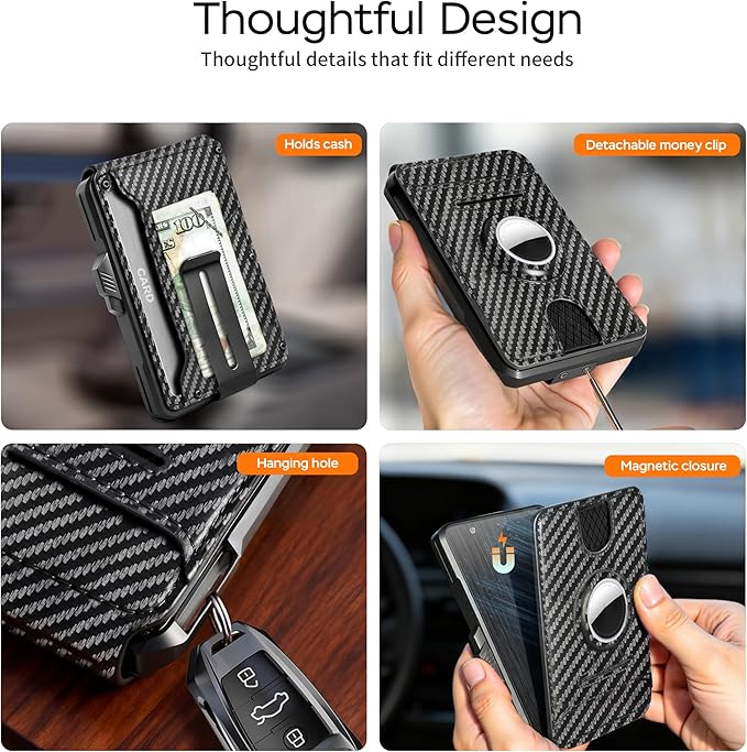 Men's RFID Wallet for AirTag - Brushed Metal Pop Up Card Holder, Slim Front Pocket Compact Bifold Wallet with ID Window Money Clip, Holds 9-11 Cards, Gift for Men