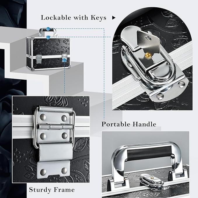 FRENESSA Makeup Train Case Makeup Box 11.8 Inch Large Makeup Case Organizer 3 Trays with Mirror Locking Cosmetic Storage Box for Cosmetics Nail Supplies Sewing Travel Case Black Floral