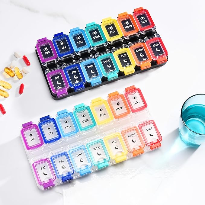 Fullicon Moisture Proof Pill Organizer 2 Times a Day, Large Pill Box 7 Day, Spill Proof Pill Case, Travel Pill Container, Medicine Pill Organizer with Secure Lids, Daily Pill Organizer (Rainbow Clear)