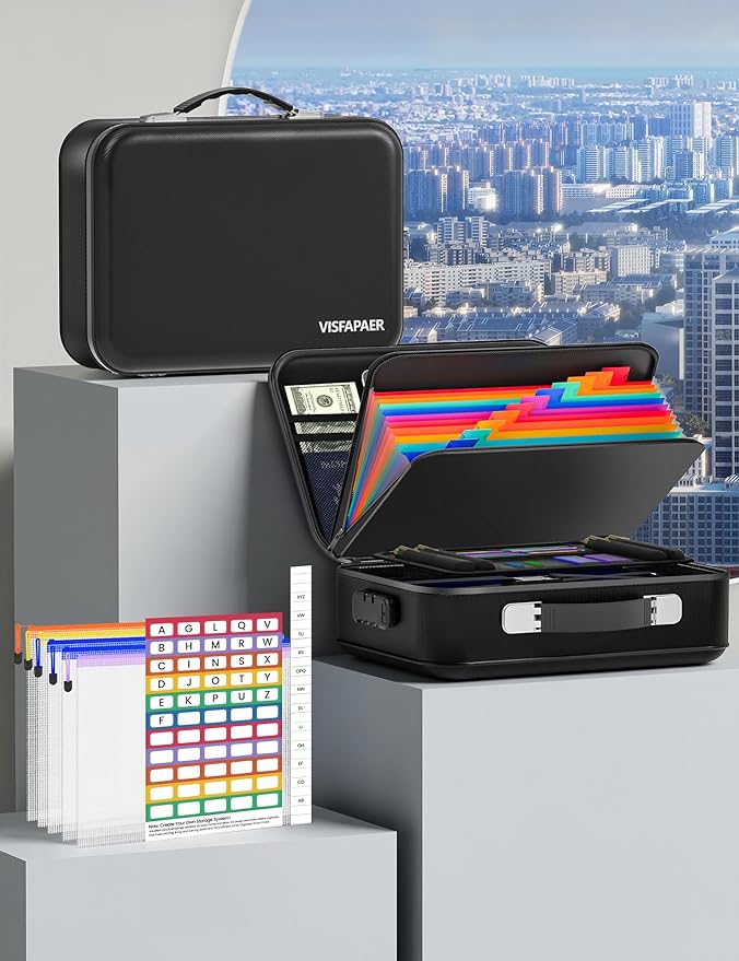 Fireproof Document Box with Lock, Waterproof Hard Shell File Organizer with 13 Pocket Accordion Folder for Important Documents, Laptop, Passports, Portable Home Office Travel Safe Box