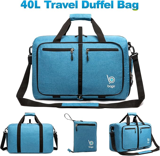 Bago Foldable Duffel Bags for Traveling Women & Men - 40L Sports Packable Duffle Bag for Travel with Shoe Compartment - Water Repellant, Heavy Duty, Lightweight Folding & Collapsible (SnowBlue)