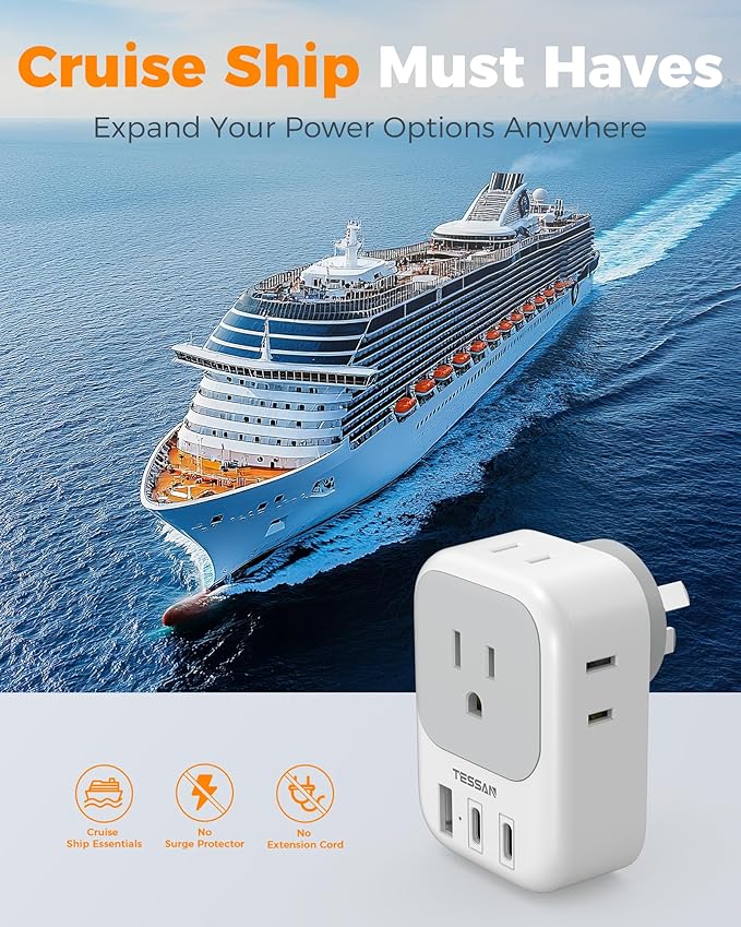 Australia Plug Adapter 2 Pack, TESSAN New Zealand Power Adapter with 4 Outlets 3 USB (2 USB-C), Type I Travel Adaptor for US to Australian Argentina China Fiji Samoa Tonga Kiribati