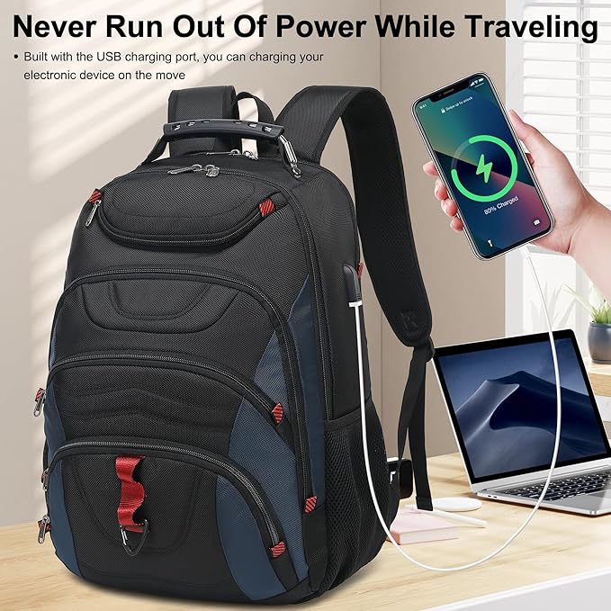 Boavan Laptop Backpack for men, 17.3 inch Laptop Bag with USB Port, Waterproof Travel Work Backpack Purse, Anti-Theft Teacher Nurse Doctor Casual Bookbags Office Business backpack,Black&Classic Navy