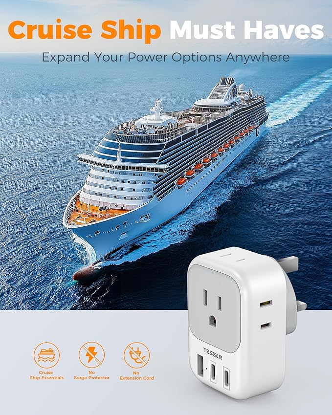 US to UK Plug Adapter 3 Pack, TESSAN Type G Adapter for Travel with 4 Outlets 3 USB (2 USB-C), Power Adaptor for US to UK Ireland London Scotland Kenya Dubai Singapore Hong Kong