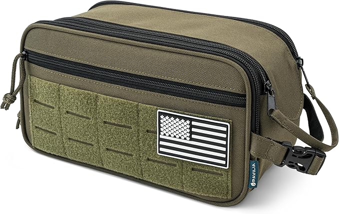 PAVILIA Tactical Toiletry Bag for Men, Travel Hygiene Bag, Military Gear Dopp Kit, Water Resist Molle Accessories Pouch, Mens Shaving Essentials, Gym Bathroom Shower Small Toiletries Tool EDC, Olive